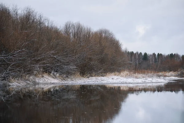 Arbres Près Rivière Fin Automne Avec Herbe Sèche Première Neige — Photo