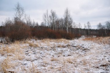 Sonbaharın sonlarında kurak çimenler ve ilk karla birlikte nehir kenarındaki tarla. Manzara Görünümü.