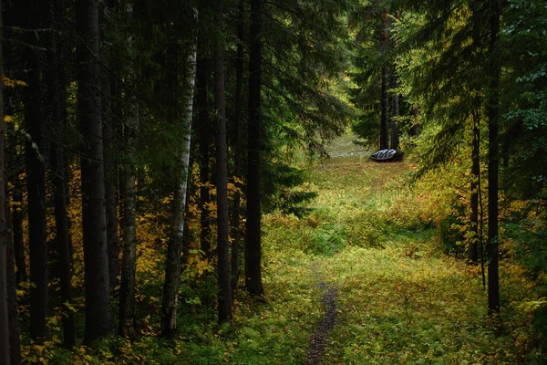 Old Metal Boat Made Your Own Hands Shore Lake Autumn — Stock Photo, Image