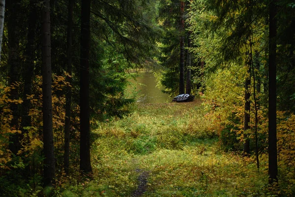 Old Metal Boat Made Your Own Hands Shore Lake Autumn — Stock Photo, Image