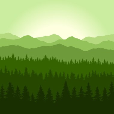 Green Fog Coniferous Forest and Mountains Background. Vector clipart