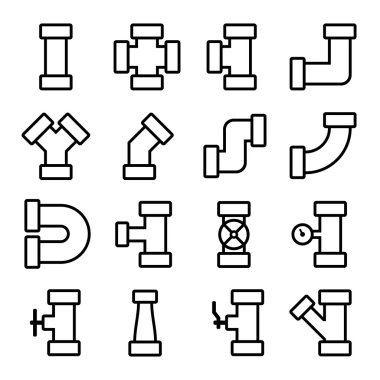 Borular ve bağlantı parçaları simgeler kümesi. Lineart tarzı. Vektör