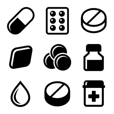 Hapları, Vitamin ve kapsül simgeler kümesi. Vektör