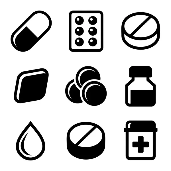 Conjunto de pastillas, vitaminas y cápsulas iconos. Vector — Vector de stock