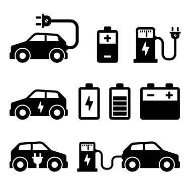 Elektrikli otomobil simgeler beyaz arka plan üzerinde ayarlayın. Vektör