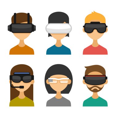 Avatars with Virtual Reality Glasses Icon Set. Flat Style Design. Vector clipart