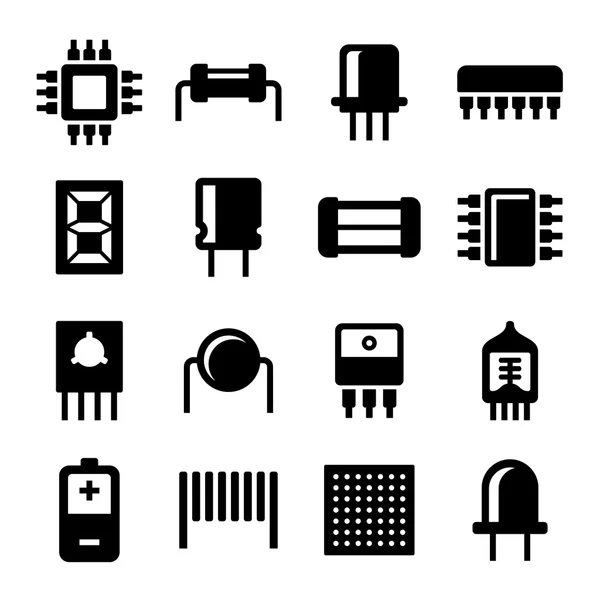 Elektronische componenten en Microchip Icons Set. Vector — Stockvector