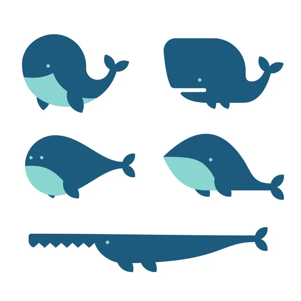 Whale Icon Set. Cartoon Style on White Background. Vector — Stock Vector