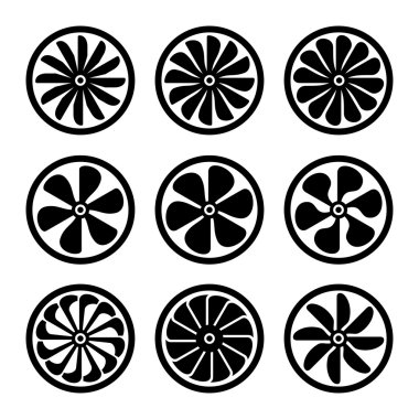 Türbinleri Icons Set. Turbojet motor gücü. Vektör