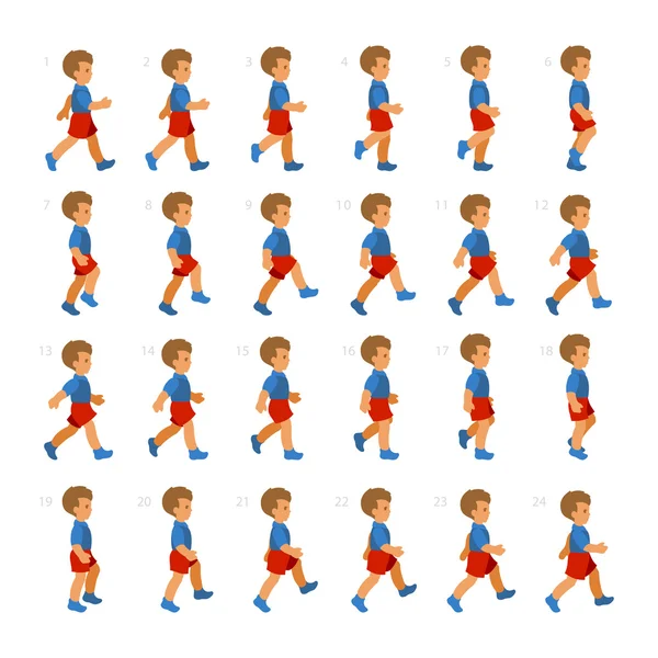 Phases des mouvements pas à pas Garçon dans la séquence de marche pour l'animation de jeu — Image vectorielle