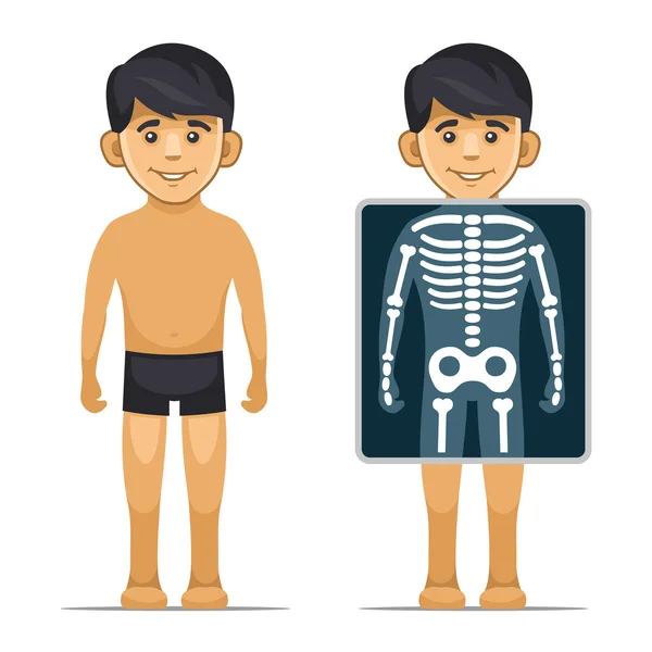 Dos Cartoon Style Boy con pantalla de rayos X y esqueleto. Vector — Archivo Imágenes Vectoriales