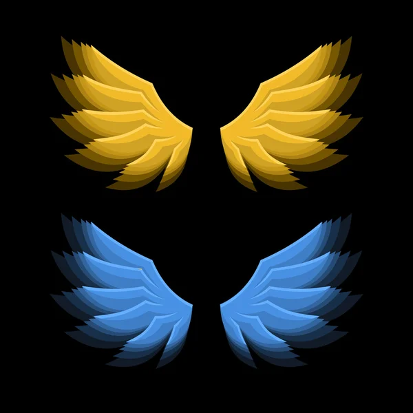 Φλογερό χρυσό και μπλε φτερά σε μαύρο φόντο. Διάνυσμα — Διανυσματικό Αρχείο