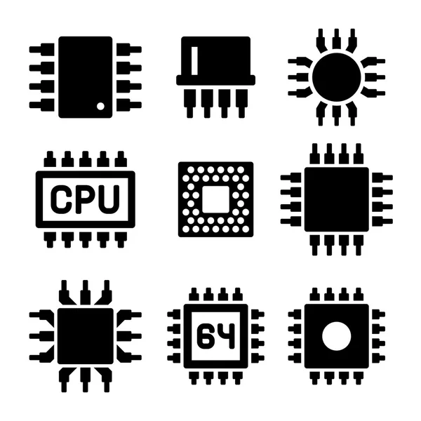 Microprocesseur CPU et Chips Icônes Set. Vecteur — Image vectorielle