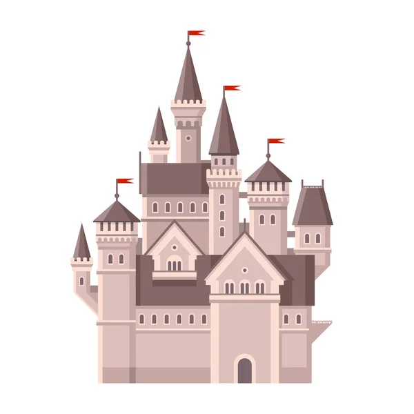 Castle. Bâtiment de contes de fées magiques avec drapeaux rouges. Vecteur — Image vectorielle