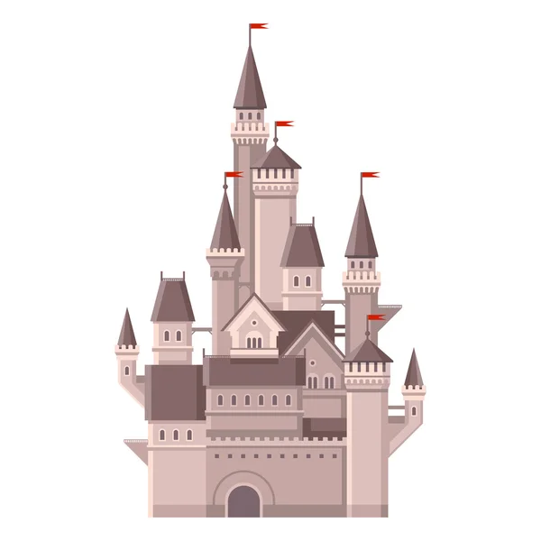Castle. Bâtiment de contes de fées magiques avec drapeaux rouges. Vecteur — Image vectorielle