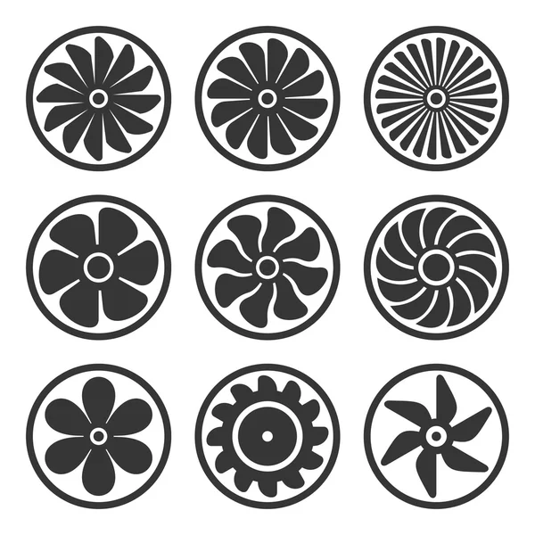 Turbines and Fan Icons Set. Turbojet Engine Power. Vector — Stock Vector