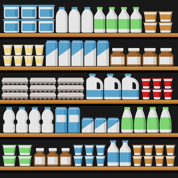 Supermercado. Estantes con productos lácteos. Vector — Archivo Imágenes Vectoriales