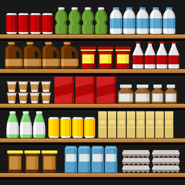 Supermercado. Estantes Estantes con Productos y Bebidas. Vector — Vector de stock