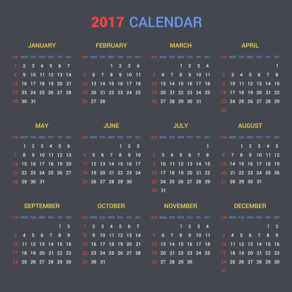 Modello di calendario per il 2017 su sfondo scuro. Vettore — Vettoriale Stock