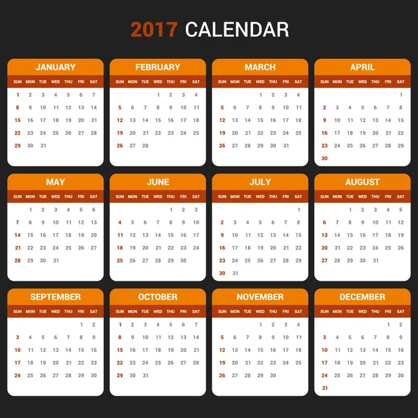 Szablon kalendarza na rok 2017. Wektor — Wektor stockowy