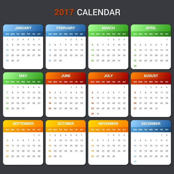 Szablon kalendarza na rok 2017. Wektor — Wektor stockowy