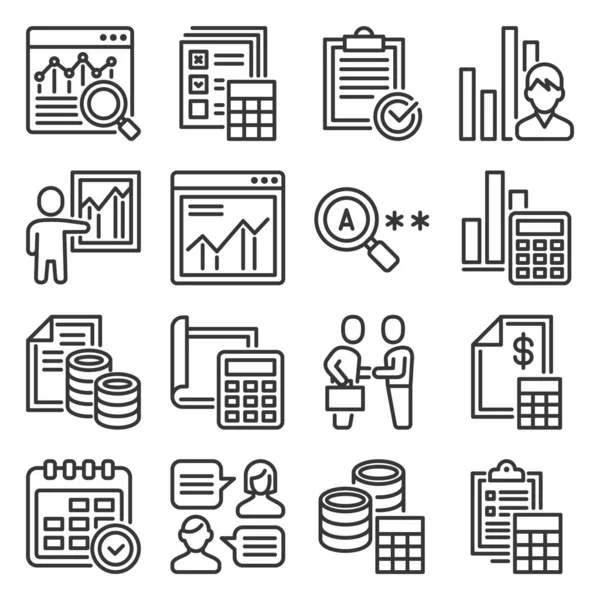 Revisione contabile finanziaria e Business Analytics Icons Set. Vettore — Vettoriale Stock