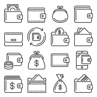Cüzdan Simgeleri Beyaz Arkaplanda Ayarlandı. Vektör