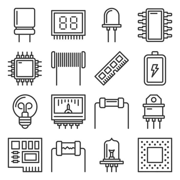Iconos de componentes electrónicos establecidos sobre fondo blanco. Vector — Archivo Imágenes Vectoriales