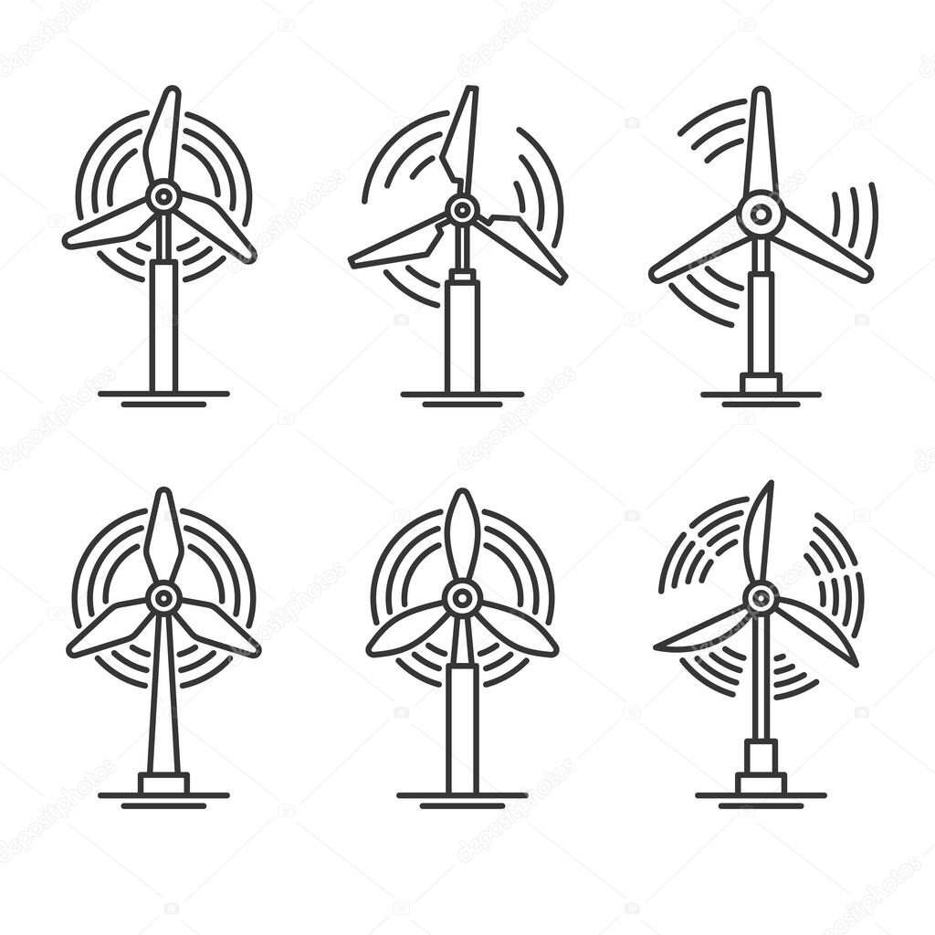 Windmill and Wind Turbine Set. Eco Power Generator Icons. Vector