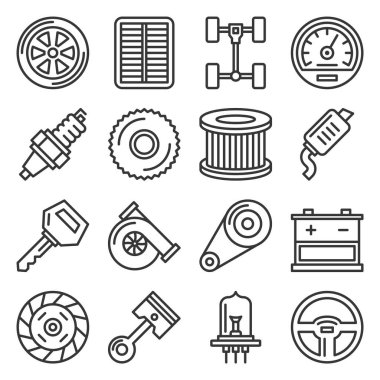 Araba Parçaları Simgeleri Beyaz Arkaplanda Ayarlandı. Vektör