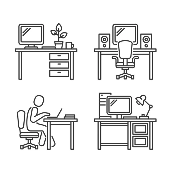 Ícones de local de trabalho definidos no fundo branco. Vetor — Vetor de Stock