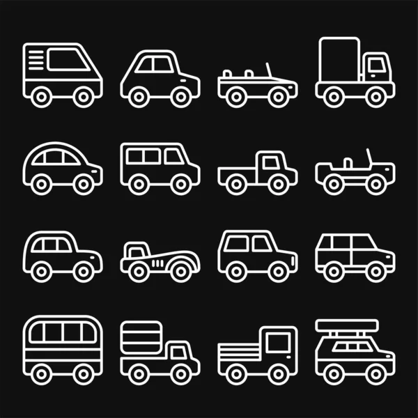 Conjunto de iconos de línea de automóviles y camiones. Vector — Vector de stock