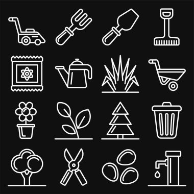 Bahçe Simgeleri Siyah Arkaplanda Ayarlandı. Satır Biçimi Vektörü