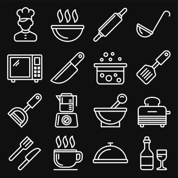 Cozinha e cozinha ícones definidos no fundo preto. Linha estilo Vector — Vetor de Stock