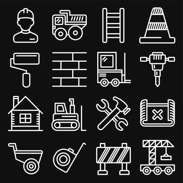 Iconos de construcción de edificios de ingeniería establecidos sobre fondo negro. Estilo de línea Vector — Vector de stock