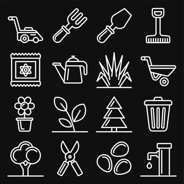 Iconos de jardinería sobre fondo negro. Estilo de línea Vector — Vector de stock