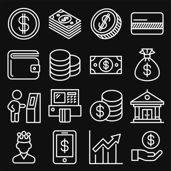 Money Icons Mengatur Latar Belakang Hitam. Vektor Gaya Garis - Stok Vektor