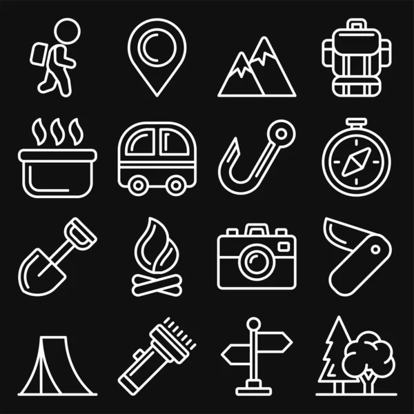 Conjunto de iconos de camping sobre fondo negro. Estilo de línea Vector — Vector de stock