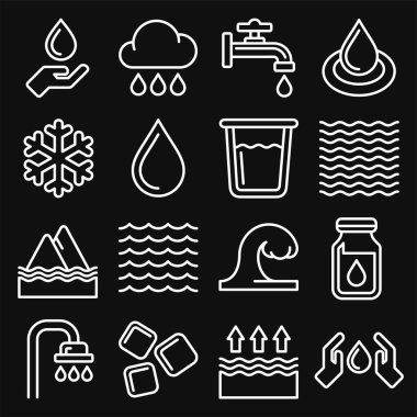 Kara Arkaplanda Su Simgeleri Ayarlandı. Satır Biçimi Vektörü