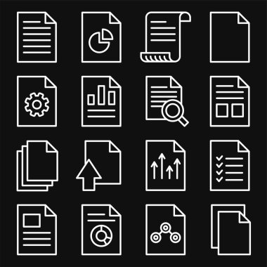 Kara Arkaplan Üzerine Belirlenmiş Belge Raporu Simgeleri. Satır Biçimi Vektörü