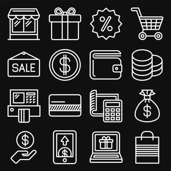 Conjunto de iconos de compras sobre fondo negro. Estilo de línea Vector — Vector de stock