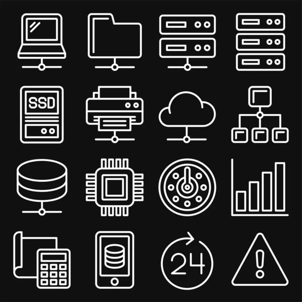 Ícones de rede e hospedagem definidos no fundo preto. Linha estilo Vector —  Vetores de Stock