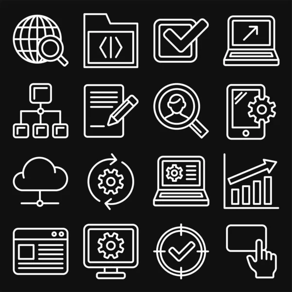 SEO e Internet Icons Set su sfondo nero. Vettore stile linea — Vettoriale Stock