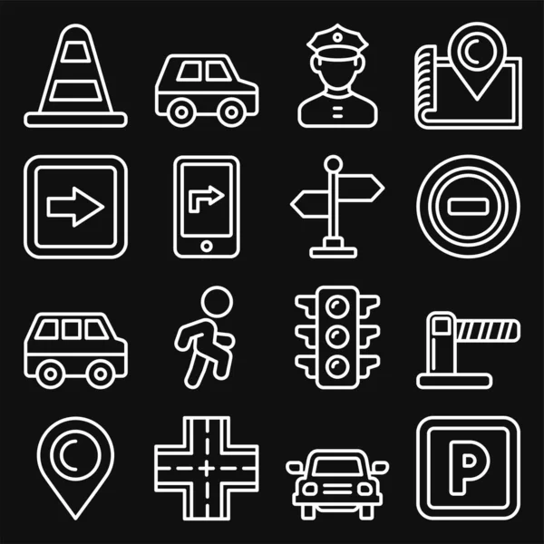 Traffico automobilistico e icone di guida impostato su sfondo nero. Vettore stile linea — Vettoriale Stock