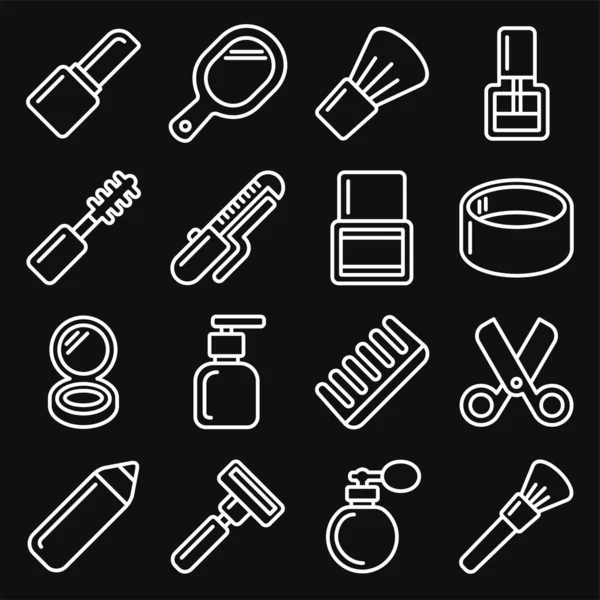 Beauty and Cosmetic Icons Set su sfondo nero. Vettore stile linea — Vettoriale Stock