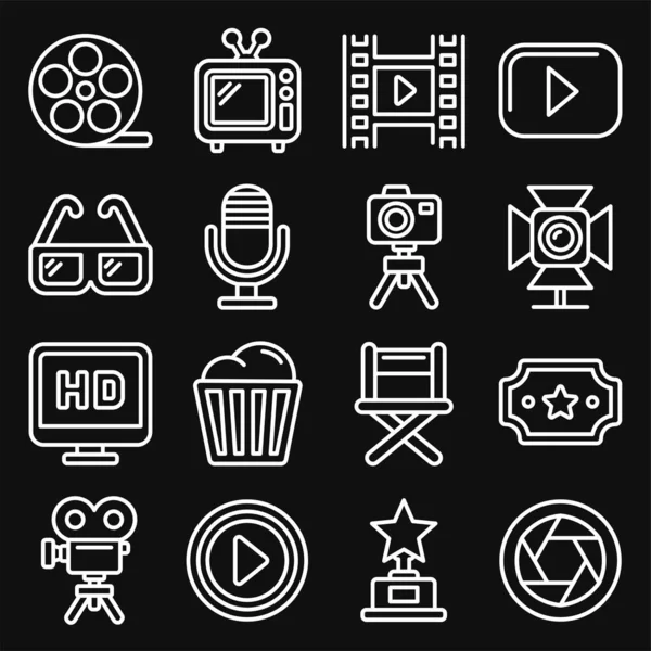 Cinema and Movie Icons Set on Black Background. Line Style Vector — Stock Vector