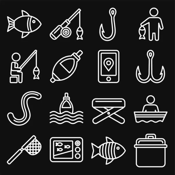 Icone di pesca impostato su sfondo nero. Vettore stile linea — Vettoriale Stock