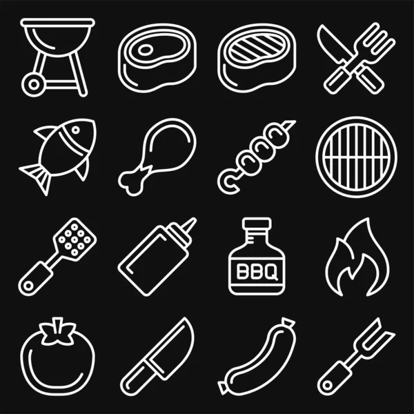 Barbacoa y Grill Iconos Set sobre Fondo Negro. Estilo de línea Vector — Archivo Imágenes Vectoriales