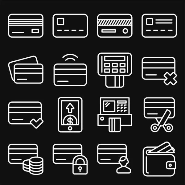 Iconos del carrito de crédito establecidos sobre fondo negro. Estilo de línea Vector — Vector de stock