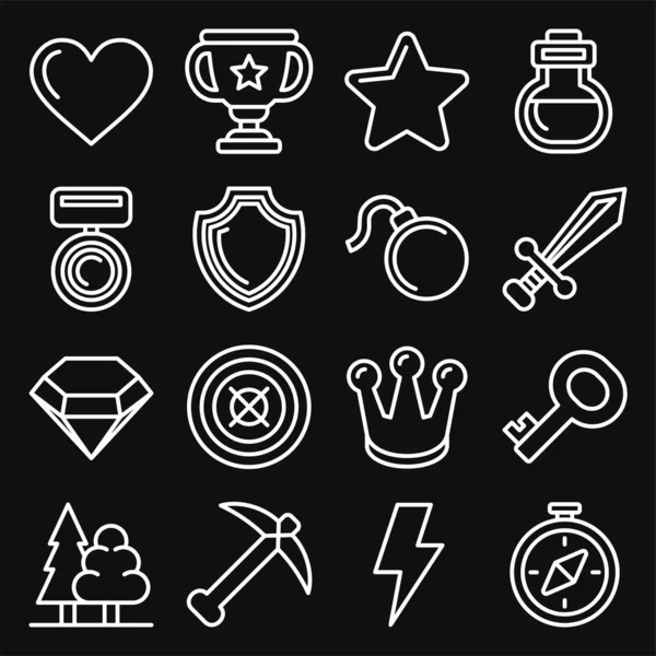 Juegos de ordenador iconos establecidos sobre fondo negro. Estilo de línea Vector — Vector de stock